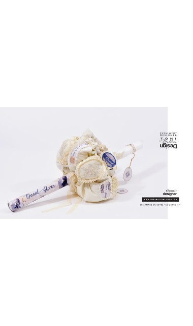 Lumanare de botez cu  ursuleti, dantela ivory, accente gold si bleumarin 19